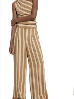 Zara Cream and Tan Vertical Stripe Wide-Leg Pants